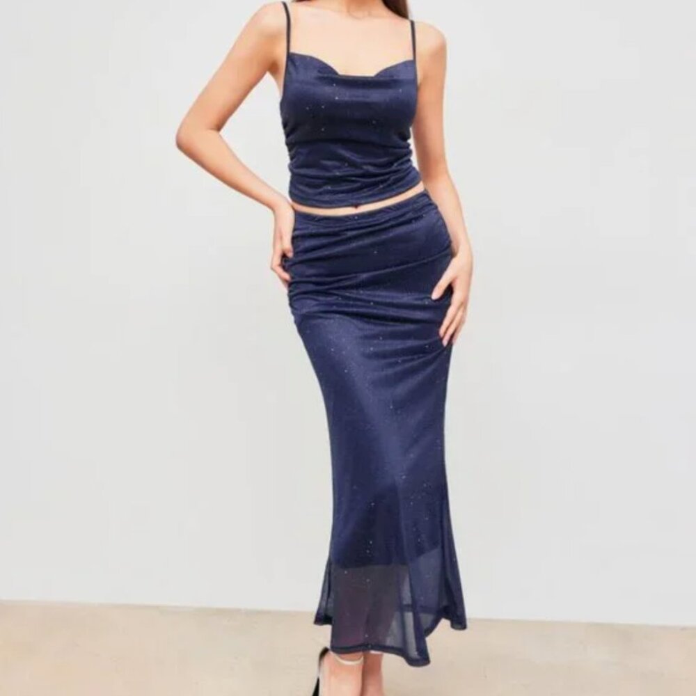 NWT Cider Blue Sparkly Sequin Two Piece - Cowl Neck Crop Top + Ruched Maxi Skirt